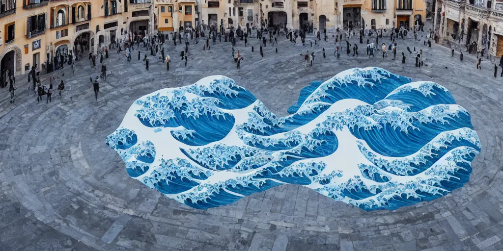 Prompt: A white and blue marble sculpture of The Great Wave off Kanagawa in the middle of an empty Italian piazza without people, midday, 4k photograph, sunny day, long shot