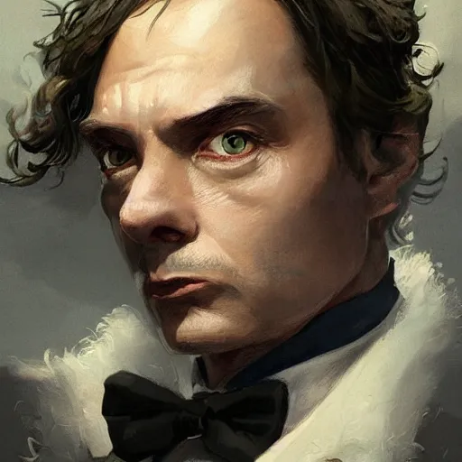 Image similar to masterpiece portrait of a hobbit gentleman in a tuxedo, Cinematic lightning, D&D, fantasy, highly detailed, digital painting, sharp focus, illustration, art by artgerm and greg rutkowski and magali villeneuve