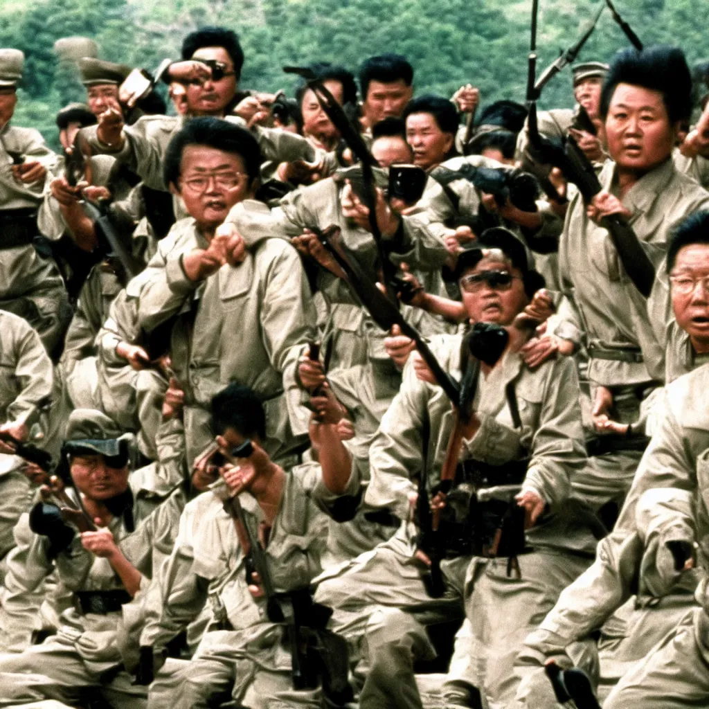 Image similar to filmstill of Kim Jong-il in the role of Rambo, cinemascope, Eastman Color Negative 50T 5251 Neg. Film