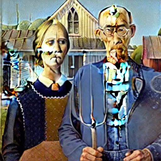 Prompt: American Gothic but with Astronauts, by Grant Wood