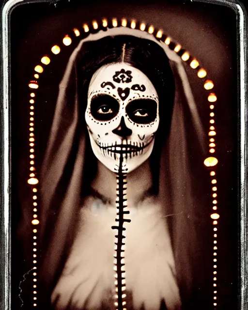 Prompt: tintype full body virgin mary dressed in dia de muertos makeup high quality photo, microchip, artificial intelligence, bio - mechanical bio - luminescence, black wired cables, neurons, nerve cells, cinematic, rim light, photo - realistic, high detail, 8 k, masterpiece, high fashion, in the style of steven meisel dora maar h. g. giger