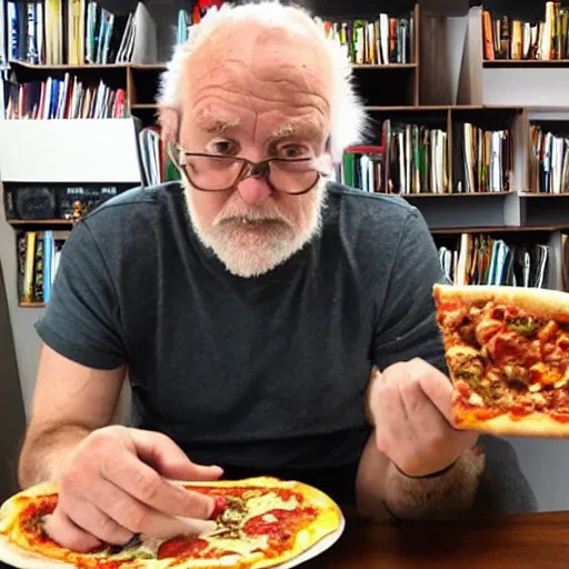 Prompt: a grumpy old danish man with long hair eating pizza while DMing an AD&D game