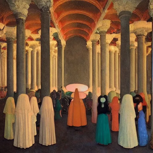 Prompt: a procession of women in a giant abandoned temple, hyperrealistic film still by gottfried helnwein, by klimt, by paolo uccello, art nouveau, highly detailed, lights by edward hopper, liminal, eerie, metaphysical, bright pastel colors,