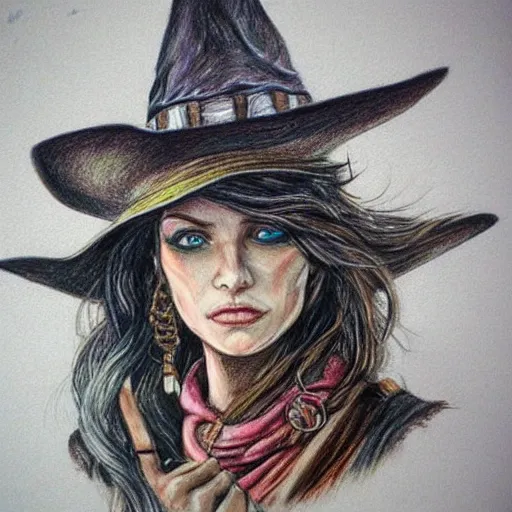 Image similar to beautiful cowboy witch, wild west, detailed, concept art, colored pencil drawing, trending on artstation