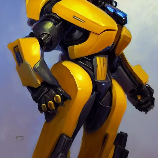 Image similar to greg manchess portrait painting of bumblebee the transformer as overwatch character, medium shot, asymmetrical, profile picture, organic painting, sunny day, matte painting, bold shapes, hard edges, street art, trending on artstation, by huang guangjian, gil elvgren, ruan jia, greg rutkowski, gaston bussiere