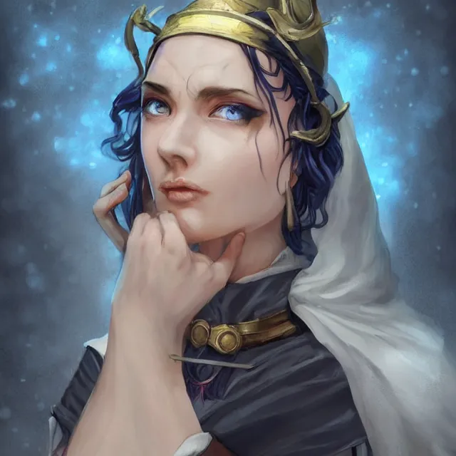 Prompt: Female Cleric with kerchief covering her ears, casting a glowing spell. Blue eyes, black hair, porcelain skin, full lips, high slanted cheekbones. Fantasy art, elegant, highly detailed, dramatic lighting, illustration, award winning on artstation, D&D, Dungeons and Dragons, roleplaying.