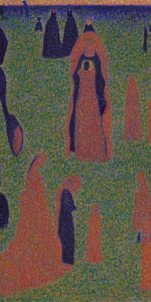 Image similar to a film still of vulvina about a queen in love with the death,, painted by georges seurat, impressionism, pointillism, detailed