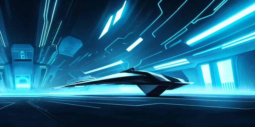 Image similar to a wide angle view of a technopunk spaceship in the style of tron legacy, hyperrealism, concept art, ominous, darksynth, illuminated lines, outrun, vaporware, misty, by ridley scott and denis villeneuve, dramatic lighting, 8 k