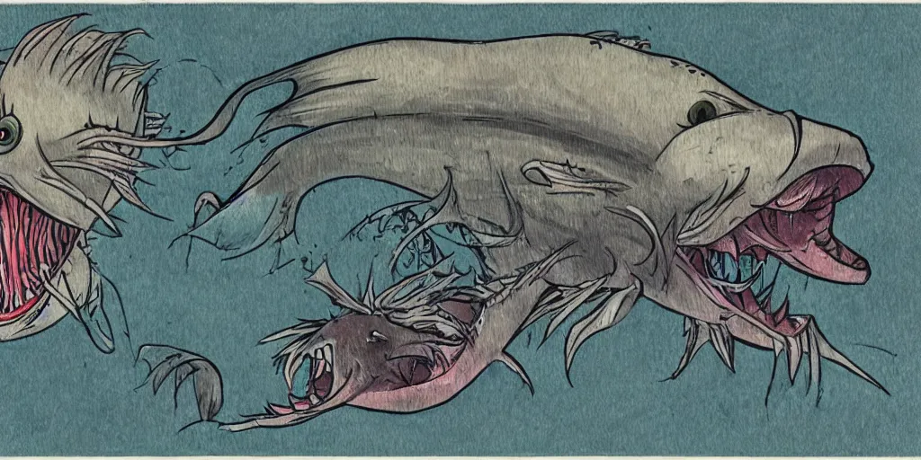 Image similar to illustration of an angler fish, in the stle of yoshi yoshitani, deep sea, large mouth filled with pointed teeth, stylized linework, ornamentation, artistic, muted color wash