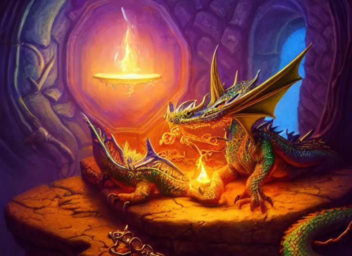 Image similar to colorful cute dragon asleep on a pile of treasure, dramatic light, dungeon background, treasure, gold, jewels, treasure pile, high detail, fantasy background, painted todd lockwood, jeff easley, greg rutkowski, james gurney, artgerm, digital art, trending on artstation