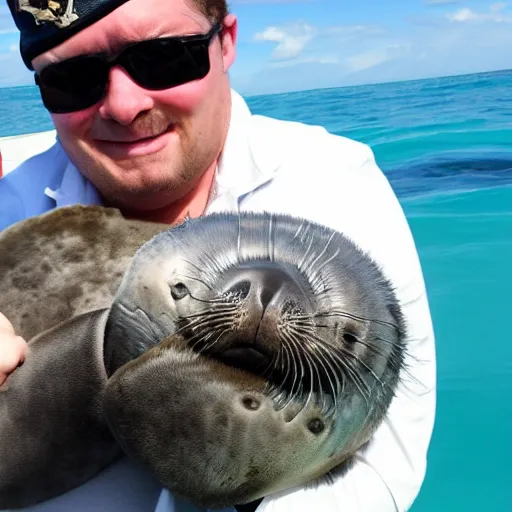 Image similar to incredibly fantastically stupendously fluffy tiny winged pygmy baby manatee seal hybrid being cradled by a nice pirate captain on an island, realistic, fantasy, pet, adorable, national geographic