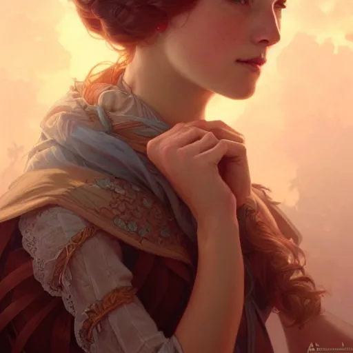 Image similar to anne shirley-cuthbert, D&D, fantasy, intricate, elegant, highly detailed, digital painting, artstation, concept art, matte, sharp focus, illustration, art by Artgerm and Greg Rutkowski and Alphonse Mucha