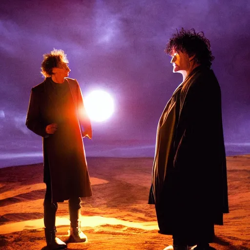 Image similar to a dramatic photograph of neil gaiman having a conversation with dream from the sandman in a fantasy world, dramatic lighting, filmic, cinematographic, sci - fi