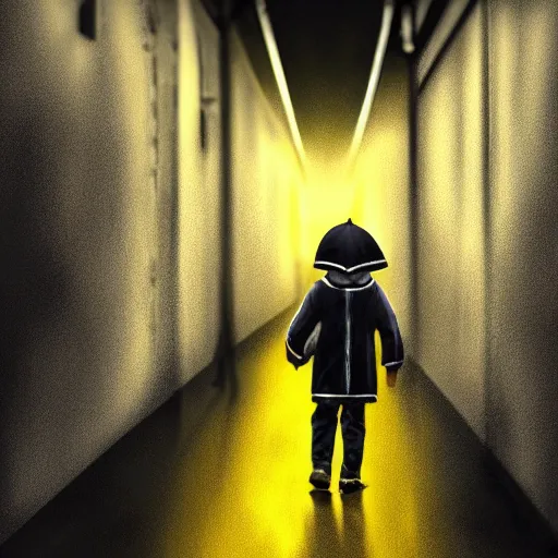 Image similar to A small child a yellow rain coat walking alone in a dark alley,it is raining heavily, scary atmosphere,gloomy lighting, digital art , highly detailed , high contrast, beautiful lighting, award winning , trending on art station, 8k, photo realistic