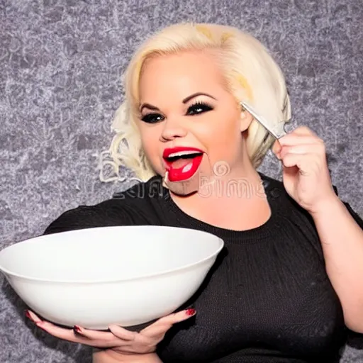 Image similar to trisha paytas eating screws out of a white bowl, stock photography