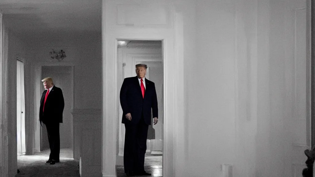 Image similar to President Trump seeing his Mar-El-Lago apartment being raided by the FBI in the middle of the night, atmospheric promotional shot for a HBO TV Series