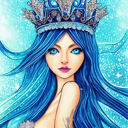Prompt: an ultra perfect portrait of a fantastic mermaid with an ultra perfect and ultra detailed wild face with beautiful, ultra detailed wild blue eyes a fantastic crown of diamons and a diamond dust glitter and sparkles tail, swimming in a beautiful blue ocean