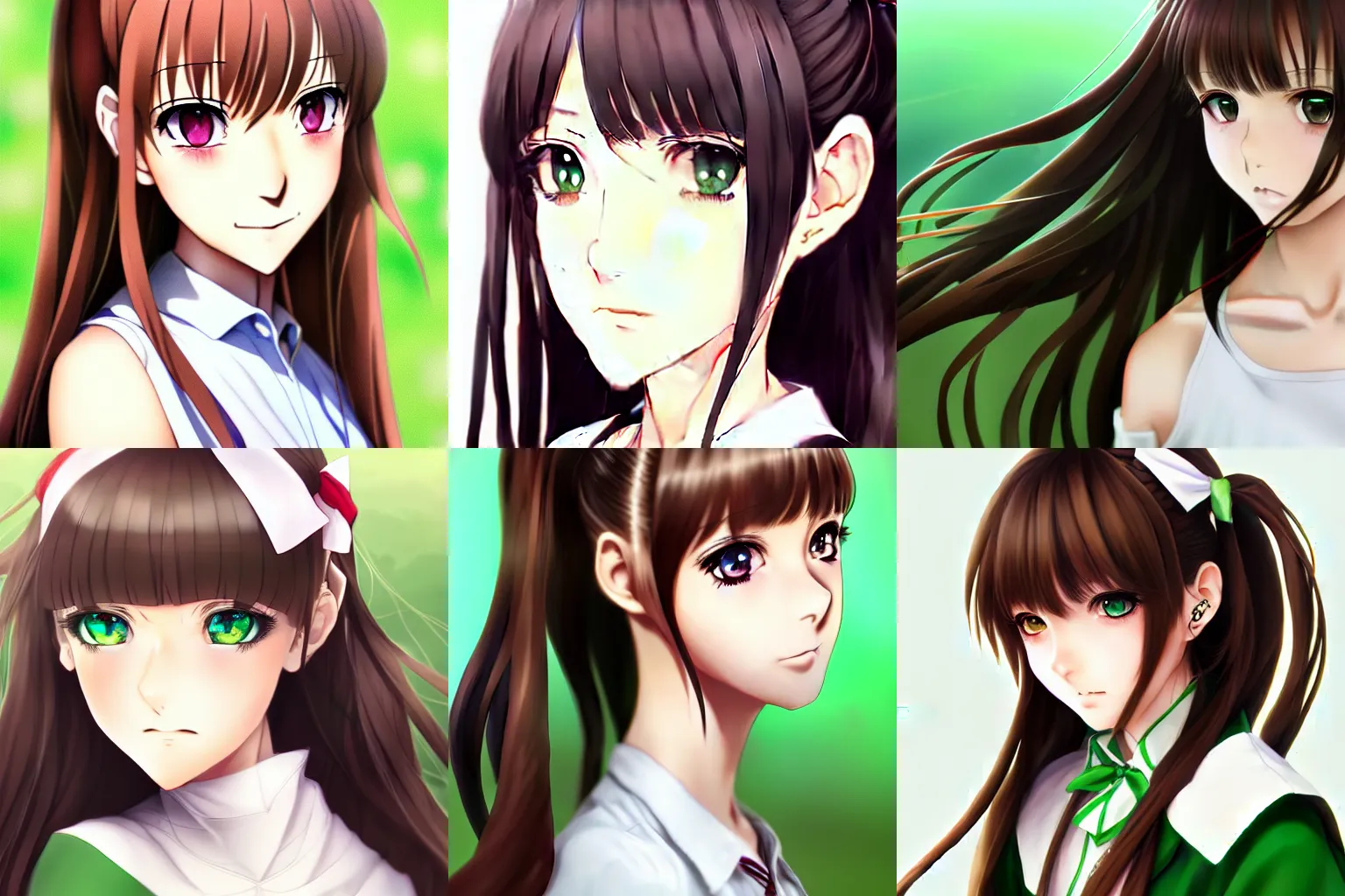 Prompt: astonishing portrait of a very beautiful anime high-school girl with green eyes, brown hair, ponytail, white ribbon, full perfect face, realistic, highly detailed background, artstation, 120 degree view, drawn by Sasoura, Satchely, no distortion