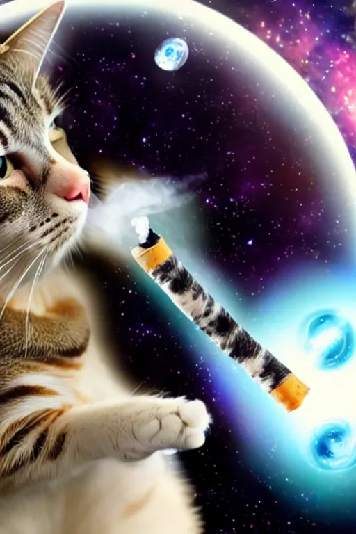 Prompt: A cat in space smoking a maragrita shaped joint