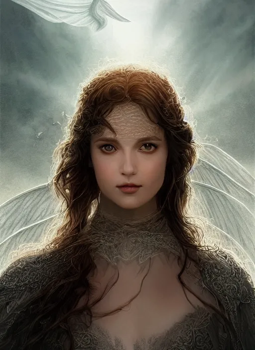 Prompt: portrait of a beautiful women with wings of lace in a lord of the rings scenery landscape by artgerm, headshot, sunny day, highly detailed, perfect lighting, perfect composition, 4 k, by alan lee, by derek zabrocki, by greg rutkowski, by karol bak