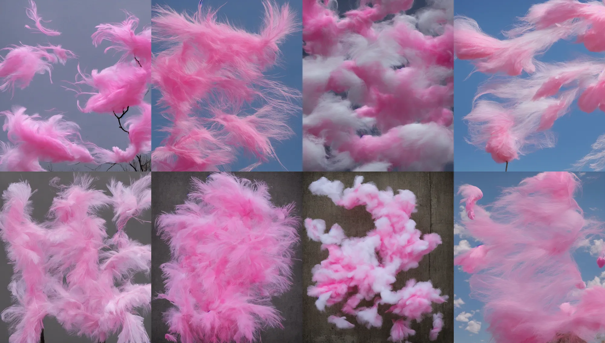 Prompt: pink, feathers, cotton candy, windy, wisps
