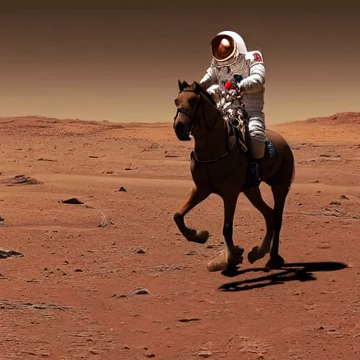 Prompt: a photo of an astronaut riding a horse on mars, rover on the background