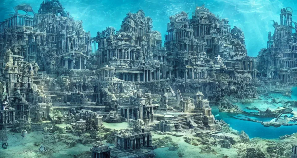 Prompt: a magnificent underwater photo of the lost city of Atlantis, landscape, fully built buildings, hyper detailed, 4K