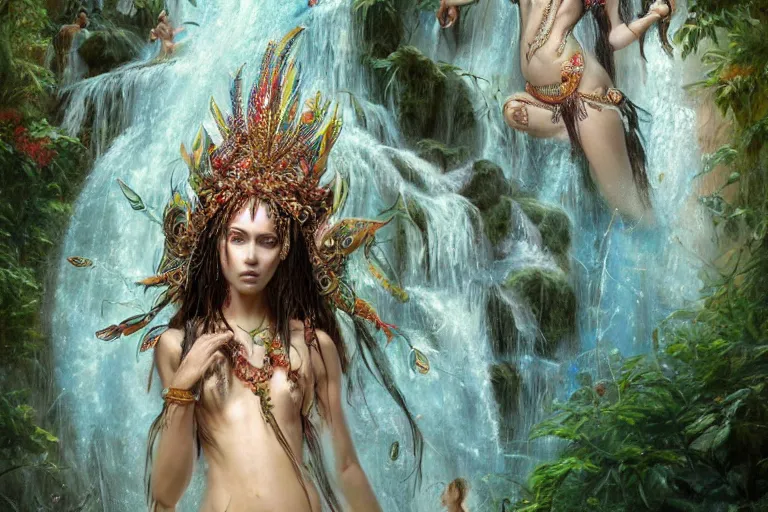 Image similar to A highly detailed beautiful divine tribal high priestess and water nymphs with feathers and crystals in a lush field of flowers, playing in waterfalls, wide painting by greg rutkowski and HR Giger, Zbrush, Trending on artstation:1 H 1024