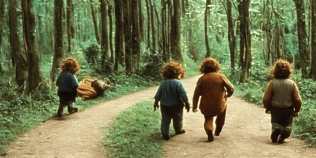 Image similar to A full color still from a Stanley Kubrick film featuring a side view of two hobbits wearing packs and walking down a path in a dark forest, 35mm, 1975