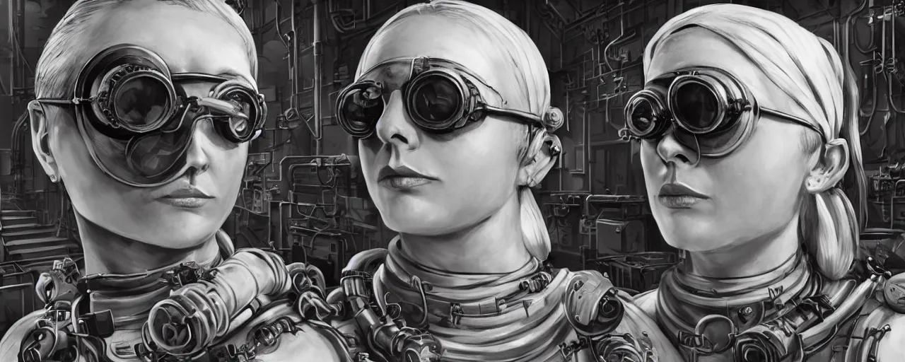 Prompt: detailed ink character concept art 3 / 4 portrait of tattooed stoic heroic emotionless butch blonde woman engineer with short slicked - back hair, wearing dark victorian goggles, wearing orange bandana around neck, working inside reactor room, awkward and uncomfortable and anxious, dirty. industrial space program, scifi, hyper detailed. octane render. trending on artstation