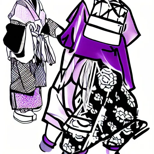 Prompt: a black and white sketch with slight purple tones of the traditional clothing of a japanese miko in the harajuku style wearing yeezy 5 0 0 sneakers