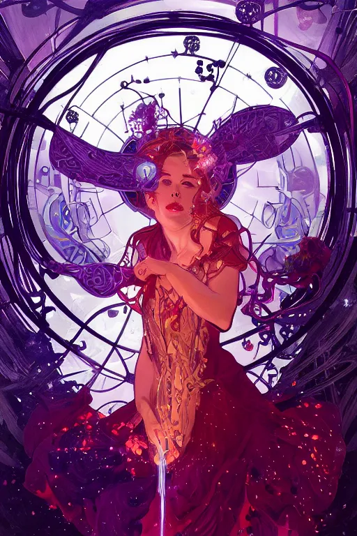 Image similar to she dreams of arcs of purple flame intertwined with glowing sparks, glinting particles of ice, dramatic lighting, steampunk, bright neon, secret holographic cyphers, red flowers, solar flares, high contrast, smooth, sharp focus, art nouveau, art by greg rutkowski and Alphonse Mucha