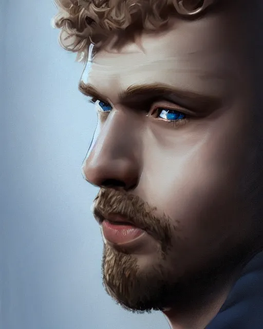 Image similar to portrait of a man in his mid - twenties with dull blue eyes, curly blond hair, short goatee, ultra realistic, epic, highly detailed, hd, sharp focus, cinematic lighting, realistic, dreamy, vivid colors, dreary, morose, matt painting, digital art, non blurry, sharp, artstation, concept art, smooth, illustration