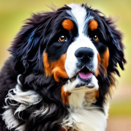 Prompt: a blue sphere on top of a Bernese Mountain Dog, photo, 4K