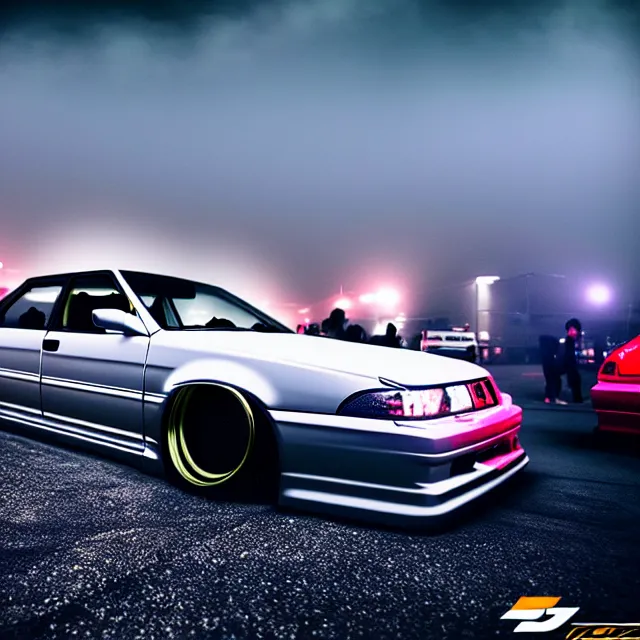 Image similar to a car JZX100 twin turbo drift at illegal car meet, Tochigi prefecture, city midnight mist lights, cinematic lighting, photorealistic, highly detailed wheels, high detail