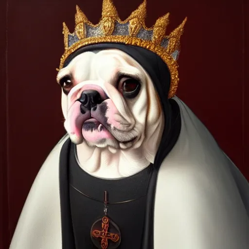 Prompt: a renaissance style portrait painting of a small mostly white female bulldog, wearing a crown and cape, dark background. trending on artstation.