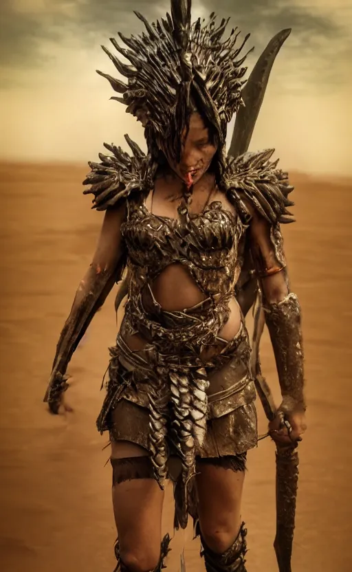 Prompt: wet ancient princess tribeswoman in battlerage, destroyed armor inspired by monster hunter, low shot, muscular body, symmetrical face, clean face, subtle make up, destruction around her, frozen time,dramatic lighting, cinematic, establishing shot, extremely high detail, photorealistic, 300 the movie,monster hunter the movie, dune the movie, cinematic lighting, artstation, octane render, western,old photo, vintage