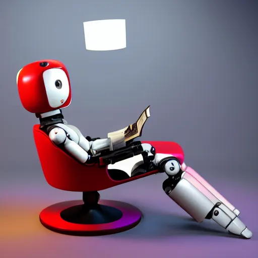 Image similar to futuristic studious matte brown and red and chrome full-body humanoid robot with two huge round expressive sad purple glowing LED eyes and open rectangular mouth sitting on a large comfortable cushioned 1950s vintage recliner reading a newspaper. open newspaper. Cinematic Movie Photograph, Arri Alexa, Extremely Detailed, smooth, very very clean, 8K, octane render, maya render, unreal engine, trending on artstation, DSLR, excellent composition, center frame