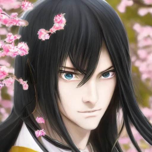 Image similar to a portrait of a young beautiful prince, golden eyes, long black hair, white hanfu, elegant, cute, intricate, backlit, incredible lighting, strong rim light, subsurface scattering, photorealistic anime, epic beautiful landscape, cherry trees, highly detailed, digital painting, by Heise Jinyao, Heise-Lian Yan Fang, Feimo, Rossdraws, Sakimichan HDRI, vivid colors, high contrast, 8k