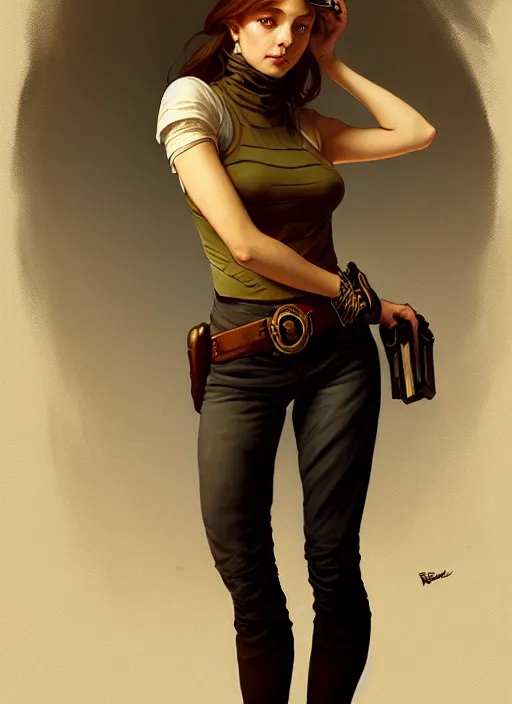 Image similar to portrait of a full body of beautiful young female detective, d & d, sleeveless turtleneck, fantasy, flat lighting, intricate, highly detailed, digital painting, artstation, concept art, smooth, sharp focus, illustration, art by simon bisley and greg rutkowski and alphonse mucha, natural tpose