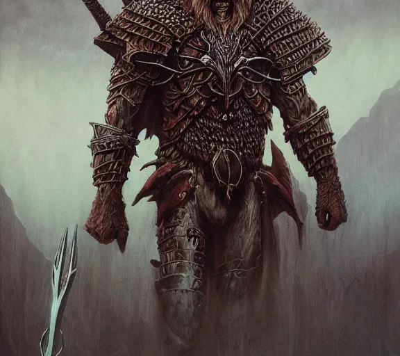 Image similar to beastman tribal warrior concept, wearing tribal armor, beksinski, wayne barlowe, adrian smith fantasy art, the hobbit art, lord of the ring art, the witcher concept art, trending on artstation, game of throne art