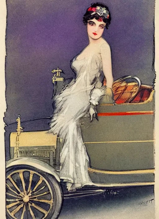 Prompt: Louis Icart, a colored drawing of a woman posing in front of a 1920's car by Louis Icart, highly detailed, masterpiece