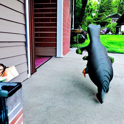 Image similar to fisheye view of dinosaur stealing packages from front porch, ring doorbell view