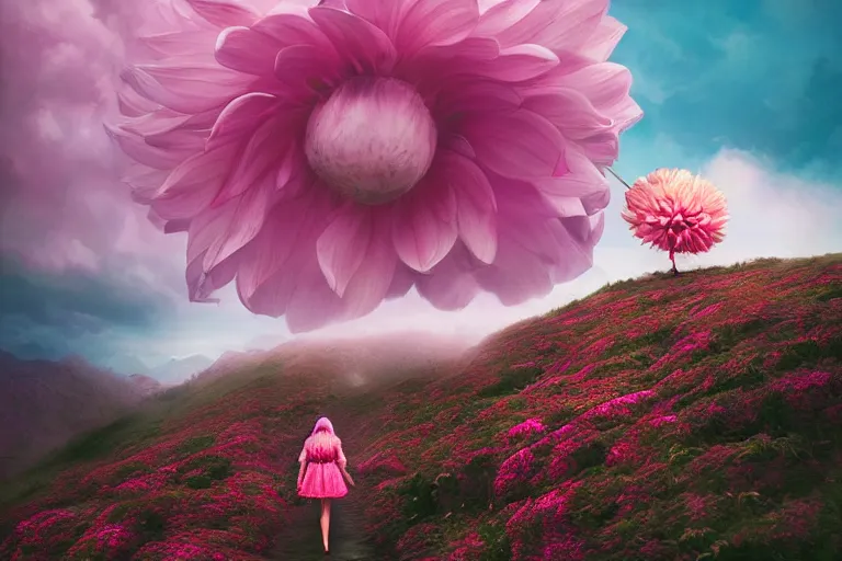 Prompt: giant dahlia flower head, girl walking on mountain, surreal photography, pink storm clouds, dramatic light, impressionist painting, digital painting, artstation, simon stalenhag