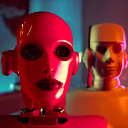 Prompt: film still of a human and a robot having a moment of jealousy, cinematic composition, cinematic light, by gaspar noe
