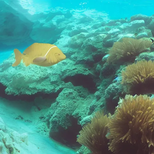 Prompt: a cream-colored havanese snorkeling in a tropical reef, gopro photo, 4k