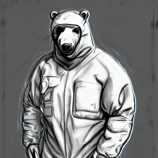 Image similar to portrait of full body bear beast-man wearing a hazmat suit, digital art, concept art, highly detailed, sharp focus