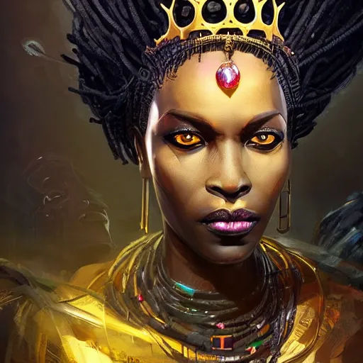 Image similar to a dark and ominous african queen with glowing eyes and a golden crown with a ruby and a black diamond in her forehead, Apex Legends character digital illustration portrait design, by android jones and greg rutkowski in a cyberpunk voodoo style, detailed, cinematic lighting, wide angle action dynamic portrait