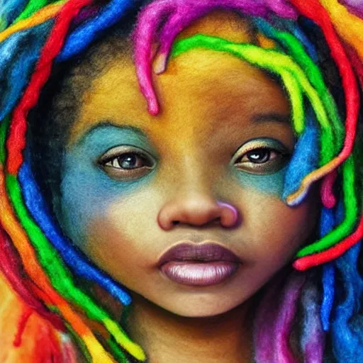 Image similar to a black girl with a colorful dreadlocks and rainbow eyes, in a candy forest! at night, bokeh, bright colours, watercolor, volumetric wool felting, macro photography, children illustration, by goro fujita