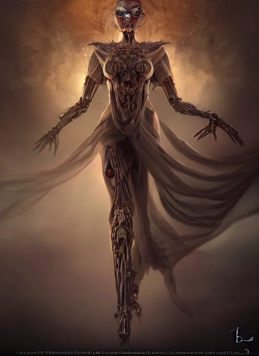 Prompt: epic portrait of menacing and agitated yet stunningly beautiful biomechanical djinn overseeing the iridescent fabric of the universe, by charlie bowater, mandy jurgens, gustav klimt, octane render, dramatic camera angle, 4k, 8k, high detail, HDR, by tom bagshaw, powerful, with inspiration from Beksinski, inspired by greek goddess Athena